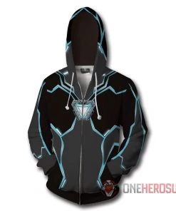 OneHeroSuits Iron Man Hoodies Iron Heart Blue Creative Printed Zip-Up Hooded Sweatshirt