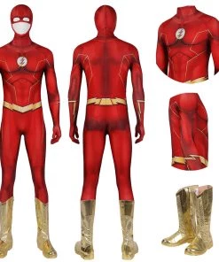 OneHeroSuits Costumes The Flash S8 Spandex Cosplay Bodysuit With Gold Boots